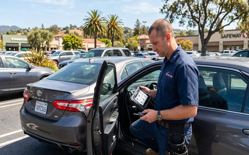 Auto locksmith with key programming device in a Peninsula California parking lot