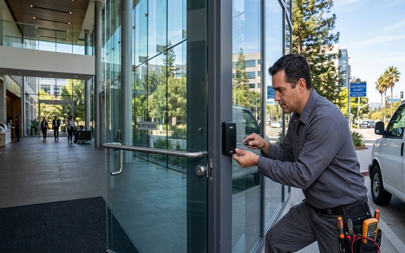 Locksmith installing keycard access control at a San Mateo County office building