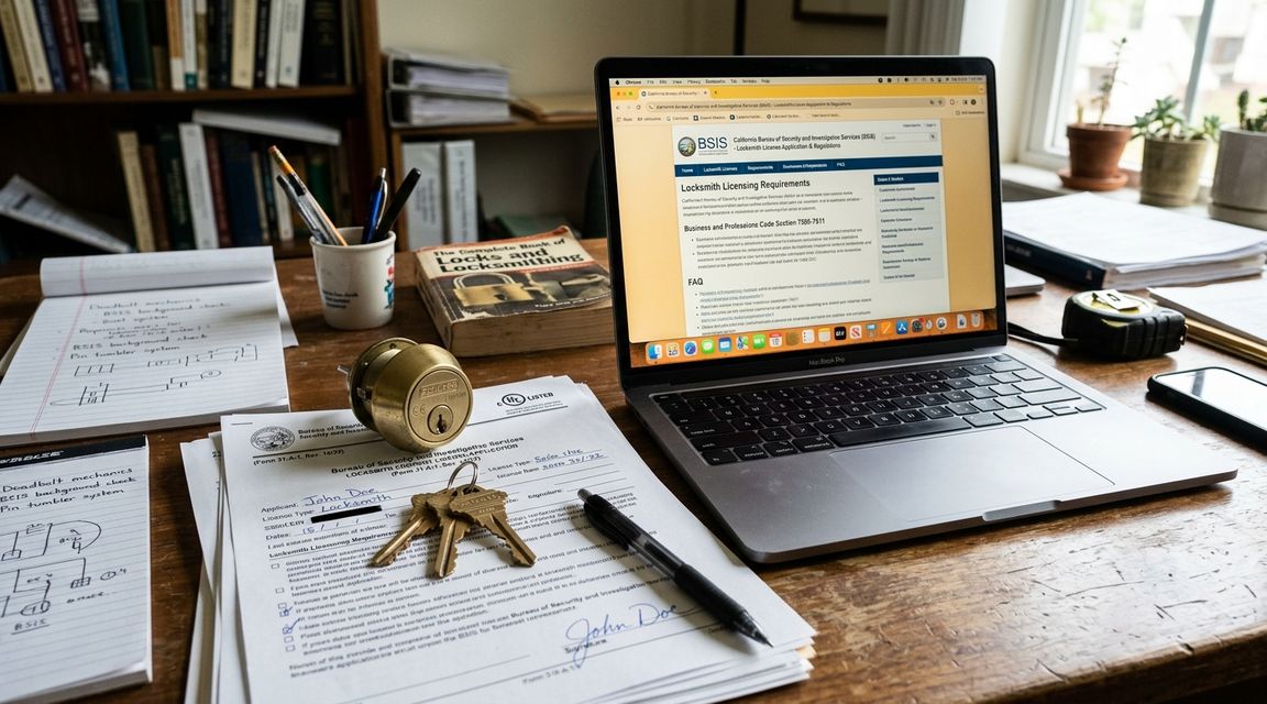 Desk with lock hardware, BSIS documentation, and research notes for the San Carlos locksmith guide