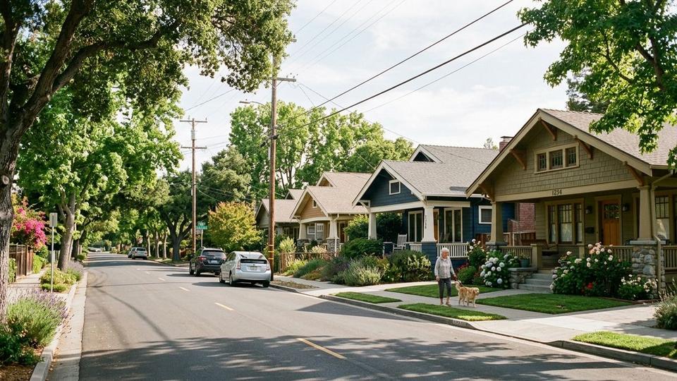 Tree-lined suburban neighborhood street in San Mateo County Peninsula