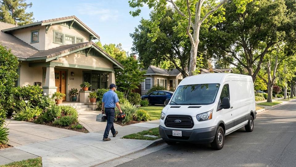 Locksmith arriving at a San Carlos home with white service van on a Peninsula street