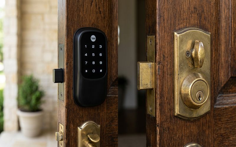 Smart electronic door lock compared with a traditional brass deadbolt