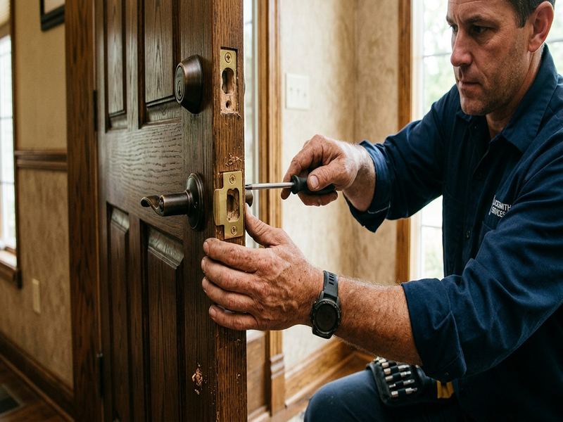 Locksmith installing a deadbolt strike plate on a door frame