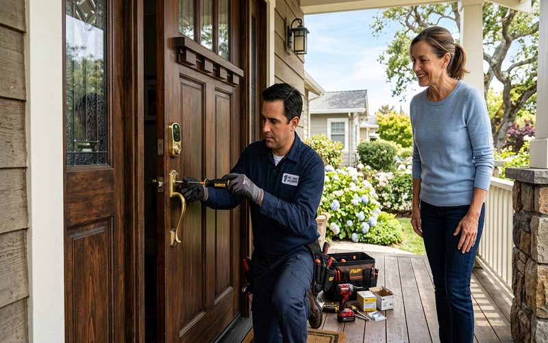 Locksmith installing smart deadbolt at a San Carlos Peninsula home